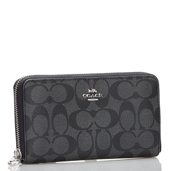 コーチ シグネチャー ラウンドファスナー 長財布 C4452 ブラック グレー PVC レザー メンズ COACH 【中古】