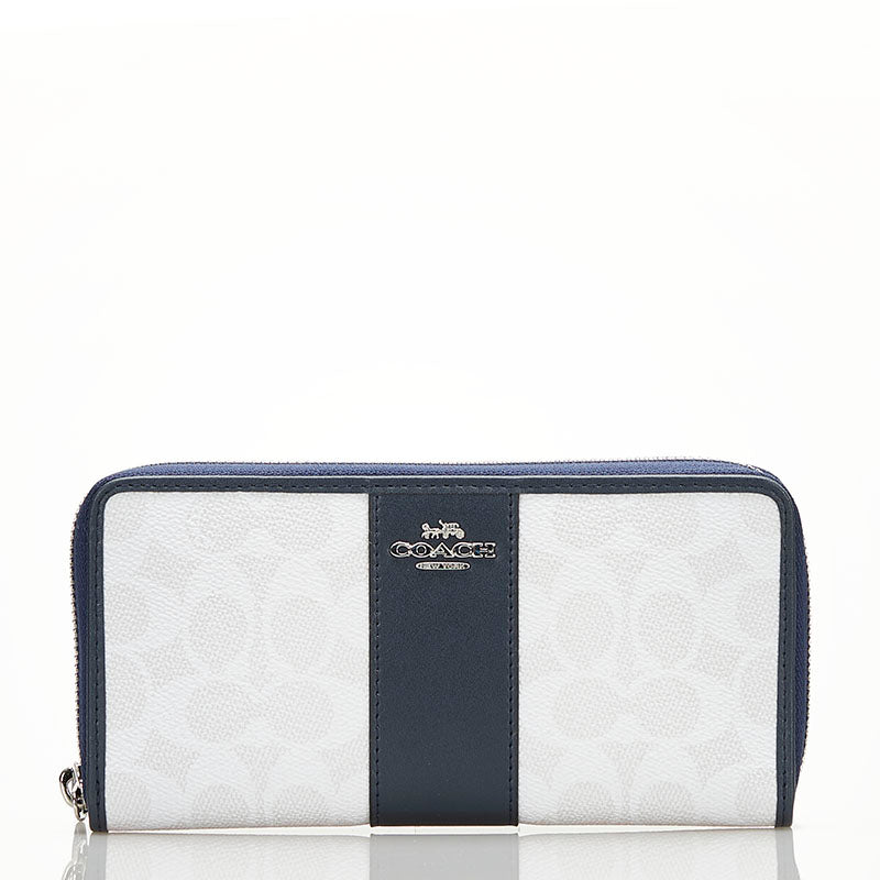 コーチ シグネチャー ラウンドファスナー 長財布 F54630 ホワイト ネイビー PVC レザー レディース COACH 【中古】