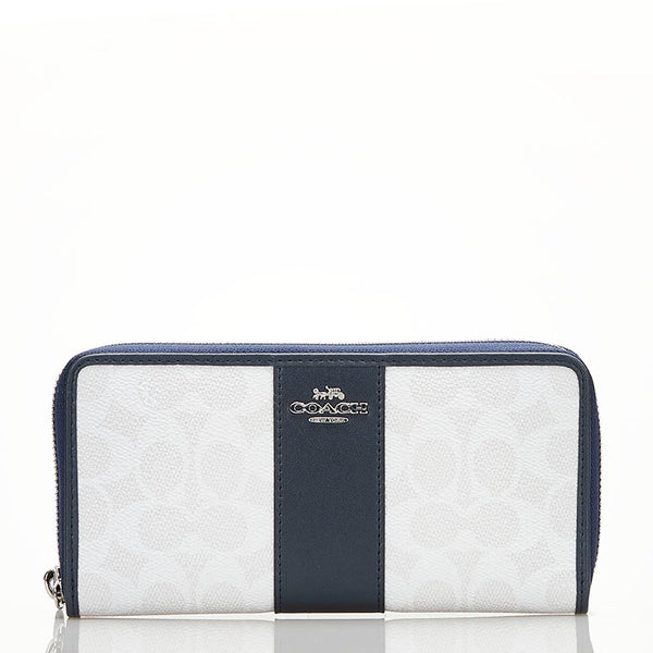 コーチ シグネチャー ラウンドファスナー 長財布 F54630 ホワイト ネイビー PVC レザー レディース COACH 【中古】