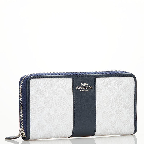 コーチ シグネチャー ラウンドファスナー 長財布 F54630 ホワイト ネイビー PVC レザー レディース COACH 【中古】
