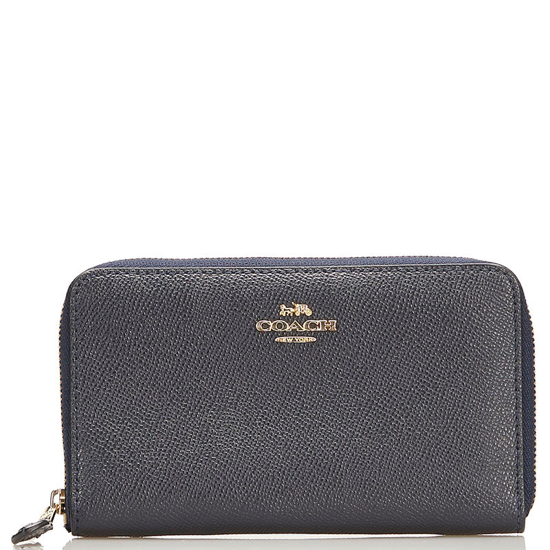 コーチ ラウンドファスナー 二つ折り財布 コンパクトウォレット ネイビー レザー レディース COACH 【中古】