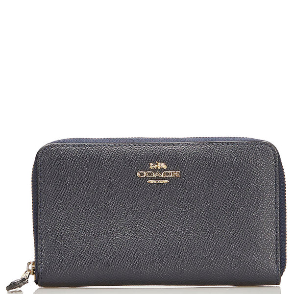 コーチ ラウンドファスナー 二つ折り財布 コンパクトウォレット ネイビー レザー レディース COACH 【中古】
