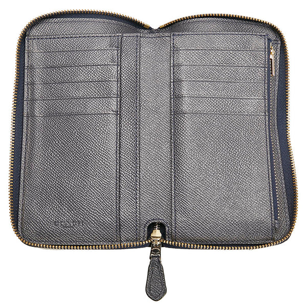 コーチ ラウンドファスナー 二つ折り財布 コンパクトウォレット ネイビー レザー レディース COACH 【中古】