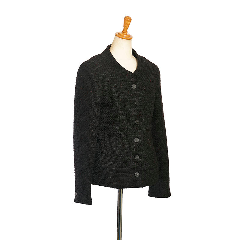 シャネル ココマーク ツイード ノーカラージャケット ブラック ブラウン ウール レザー シルク レディース CHANEL 【中古】