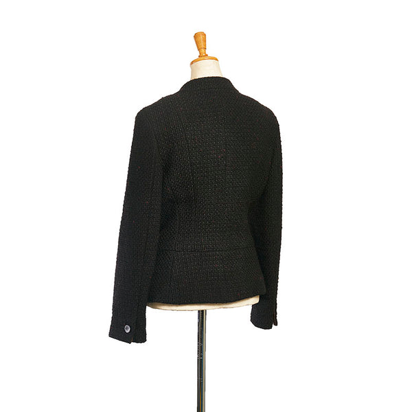 シャネル ココマーク ツイード ノーカラージャケット ブラック ブラウン ウール レザー シルク レディース CHANEL 【中古】