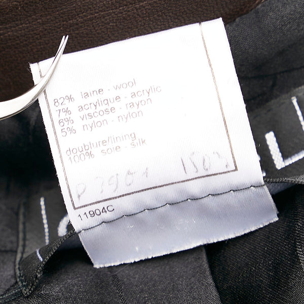 シャネル ココマーク ツイード ノーカラージャケット ブラック ブラウン ウール レザー シルク レディース CHANEL 【中古】