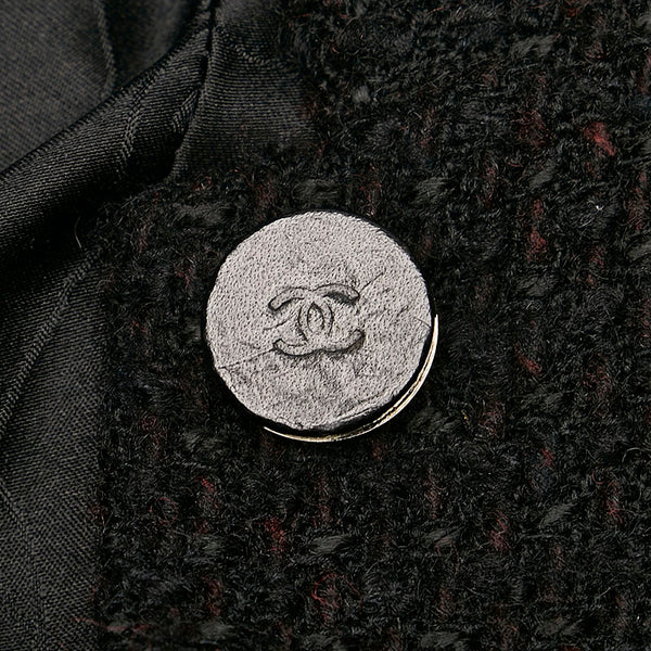 シャネル ココマーク ツイード ノーカラージャケット ブラック ブラウン ウール レザー シルク レディース CHANEL 【中古】