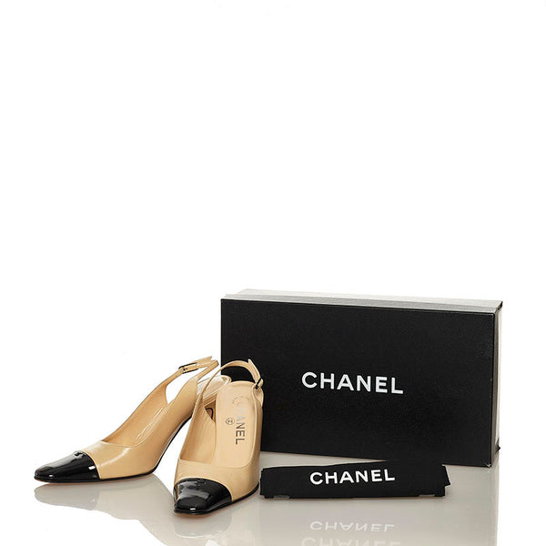 シャネル ココマーク スリングバック パンプス ベージュ ブラック レザー エナメル レディース CHANEL 【中古】