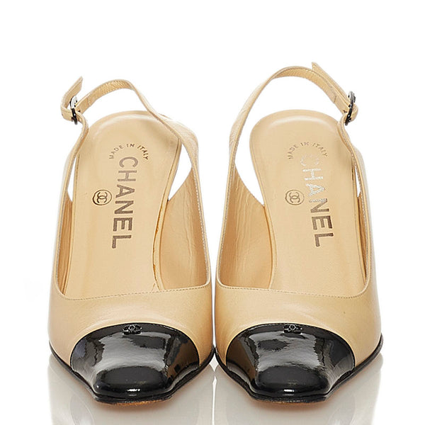 シャネル ココマーク スリングバック パンプス ベージュ ブラック レザー エナメル レディース CHANEL 【中古】