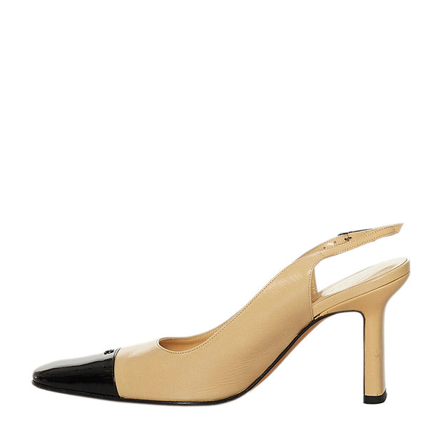 シャネル ココマーク スリングバック パンプス ベージュ ブラック レザー エナメル レディース CHANEL 【中古】