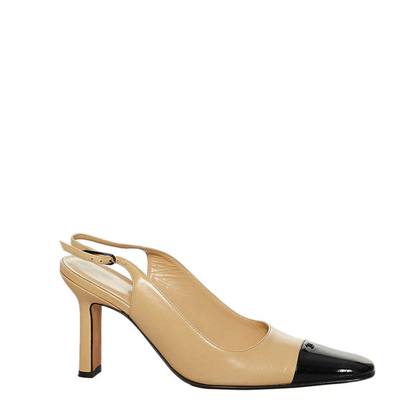 シャネル ココマーク スリングバック パンプス ベージュ ブラック レザー エナメル レディース CHANEL 【中古】