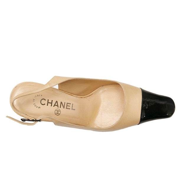 シャネル ココマーク スリングバック パンプス ベージュ ブラック レザー エナメル レディース CHANEL 【中古】