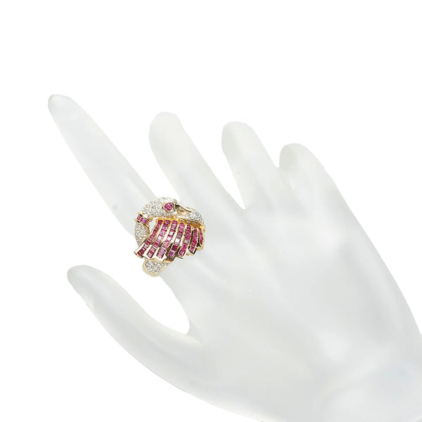 K18YG イエローゴールド ルビー1.82ct ダイヤ0.41ct スワン 白鳥 リング 指輪 レディース 11号 【中古】