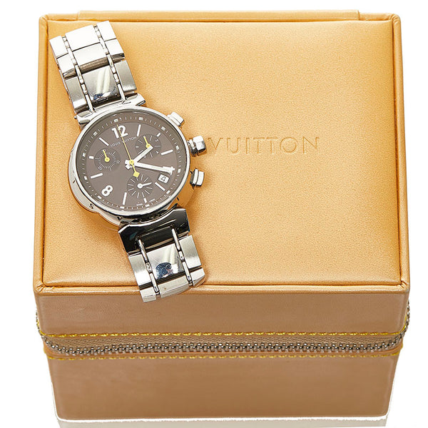ルイ ヴィトン タンブール クロノグラフ 腕時計 Q1321 クオーツ ブラック文字盤 ステンレススチール レディース LOUIS VUITTON 【中古】