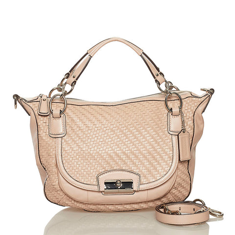 コーチ クリスティン ウーブン ラウンド サッチェル ハンドバッグ ショルダーバッグ 2WAY 19312 ピンクベージュ レザー レディース COACH 【中古】