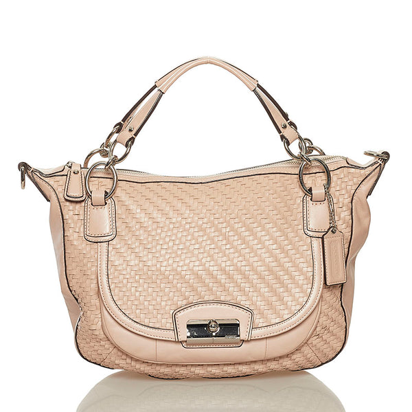 コーチ クリスティン ウーブン ラウンド サッチェル ハンドバッグ ショルダーバッグ 2WAY 19312 ピンクベージュ レザー レディース COACH 【中古】