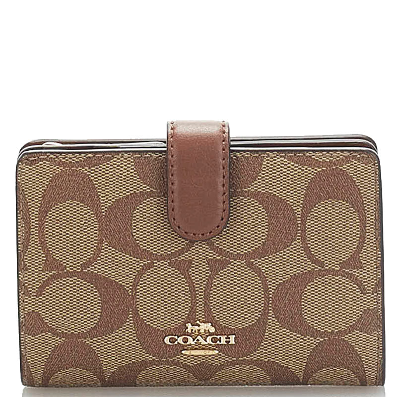 コーチ シグネチャー 二つ折り財布 コンパクトウォレット ベージュ ブラウン PVC レザー レディース COACH 【中古】