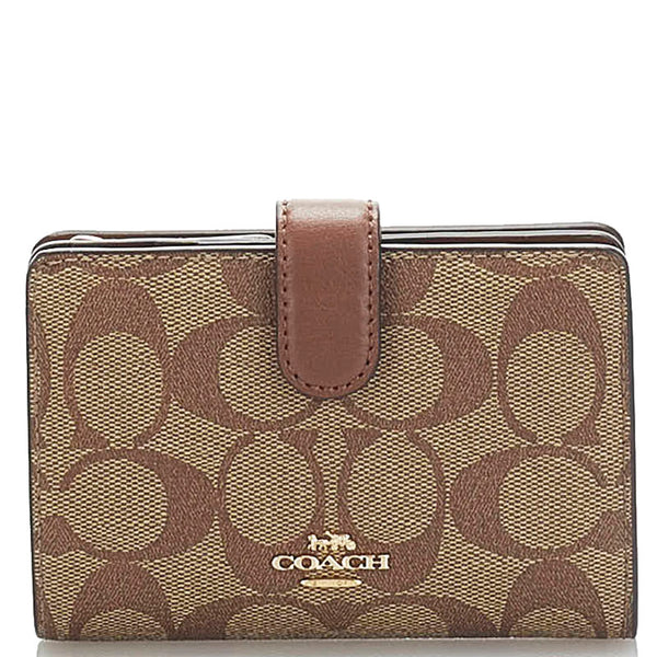 コーチ シグネチャー 二つ折り財布 コンパクトウォレット ベージュ ブラウン PVC レザー レディース COACH 【中古】