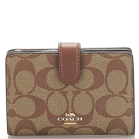 コーチ シグネチャー 二つ折り財布 コンパクトウォレット ベージュ ブラウン PVC レザー レディース COACH 【中古】