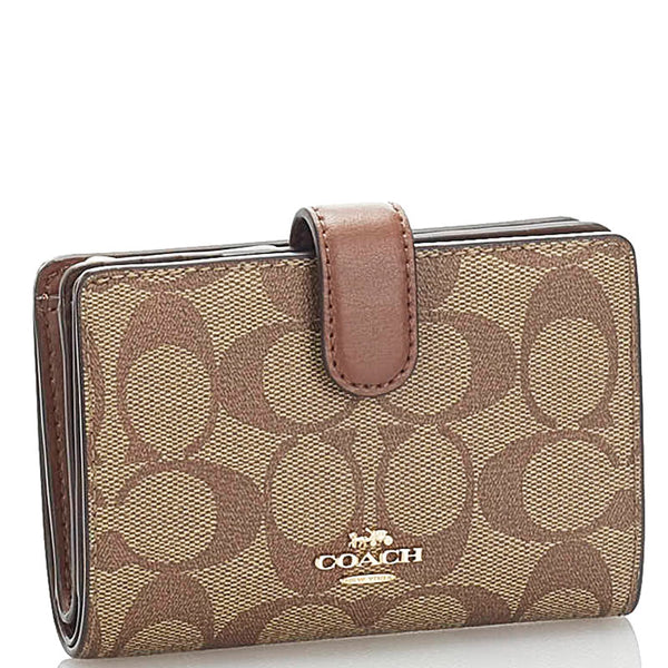 コーチ シグネチャー 二つ折り財布 コンパクトウォレット ベージュ ブラウン PVC レザー レディース COACH 【中古】