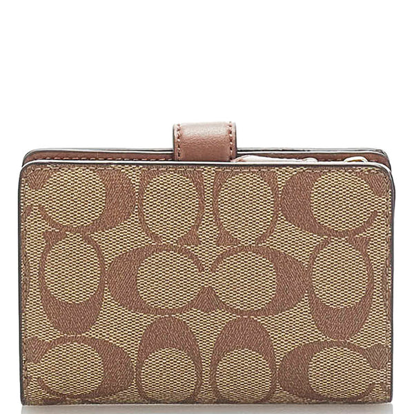 コーチ シグネチャー 二つ折り財布 コンパクトウォレット ベージュ ブラウン PVC レザー レディース COACH 【中古】