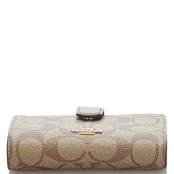 コーチ シグネチャー 二つ折り財布 コンパクトウォレット ベージュ ブラウン PVC レザー レディース COACH 【中古】