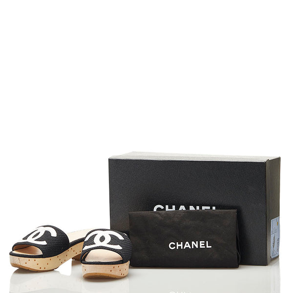 シャネル ココマーク ウッドソール サンダル G27145 ブラック ホワイト レザー キャンバス レディース CHANEL 【中古】