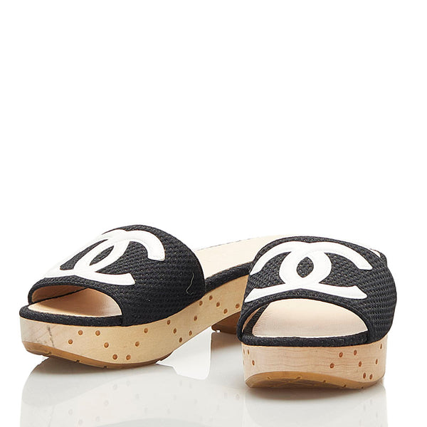 シャネル ココマーク ウッドソール サンダル G27145 ブラック ホワイト レザー キャンバス レディース CHANEL 【中古】