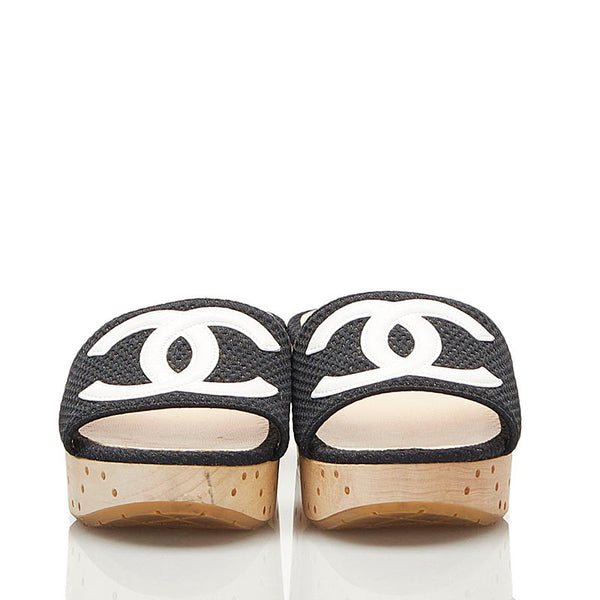 シャネル ココマーク ウッドソール サンダル G27145 ブラック ホワイト レザー キャンバス レディース CHANEL 【中古】