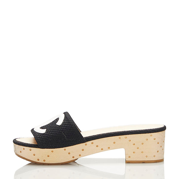 シャネル ココマーク ウッドソール サンダル G27145 ブラック ホワイト レザー キャンバス レディース CHANEL 【中古】