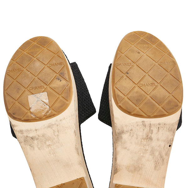 シャネル ココマーク ウッドソール サンダル G27145 ブラック ホワイト レザー キャンバス レディース CHANEL 【中古】