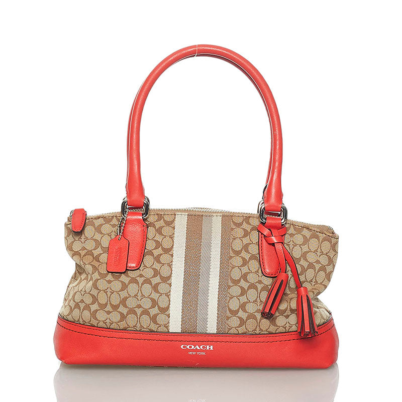 コーチ ミニシグネチャー ハンドバッグ ミニハンドバッグ オレンジ ベージュ キャンバス レザー レディース COACH 【中古】