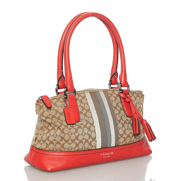 コーチ ミニシグネチャー ハンドバッグ ミニハンドバッグ オレンジ ベージュ キャンバス レザー レディース COACH 【中古】