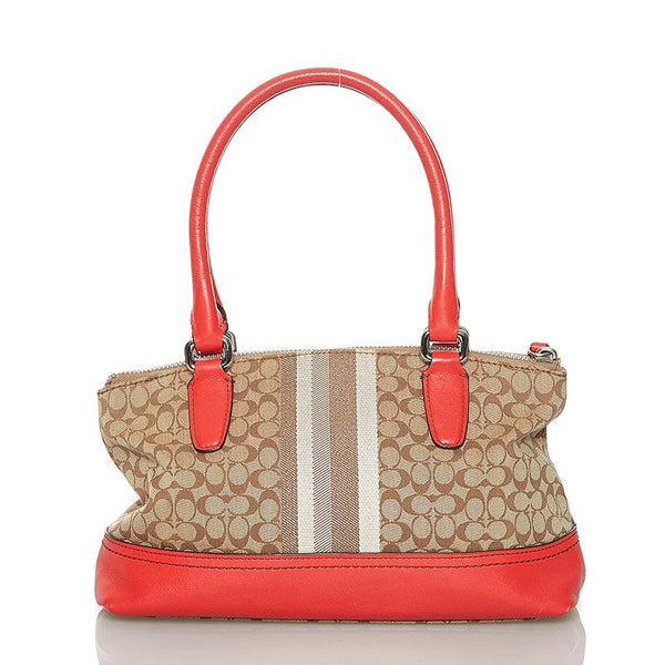 コーチ ミニシグネチャー ハンドバッグ ミニハンドバッグ オレンジ ベージュ キャンバス レザー レディース COACH 【中古】