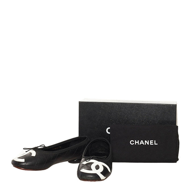シャネル カンボンライン フラットシューズ ブラック ホワイト レザー レディース CHANEL 【中古】
