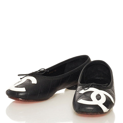 シャネル カンボンライン フラットシューズ ブラック ホワイト レザー レディース CHANEL 【中古】