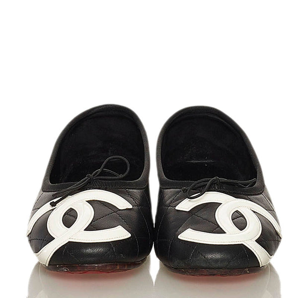 シャネル カンボンライン フラットシューズ ブラック ホワイト レザー レディース CHANEL 【中古】