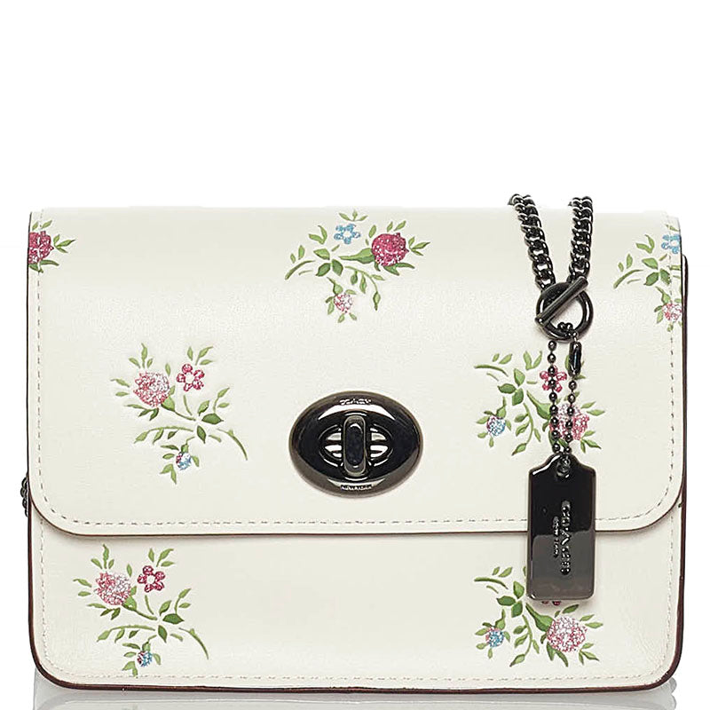 コーチ 花 フラワー チェーリップ チェーン ショルダーバッグ  ホワイト アイボリー レザー レディース COACH 【中古】