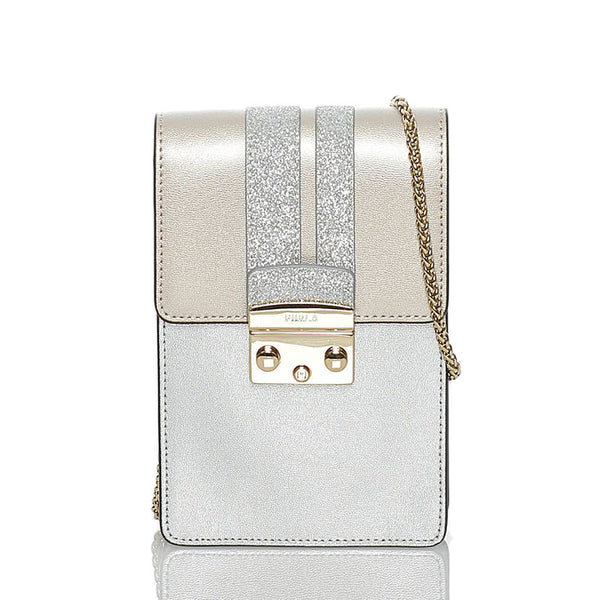 フルラ メトロポリス チェーン ミニ ショルダーバッグ スマートフォンバッグ シルバー ピンクゴールド レザー レディース Furla 【中古】