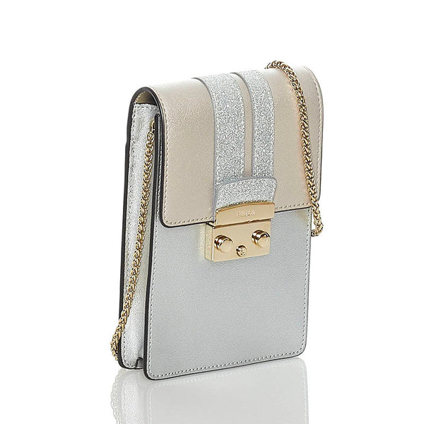 フルラ メトロポリス チェーン ミニ ショルダーバッグ スマートフォンバッグ シルバー ピンクゴールド レザー レディース Furla 【中古】