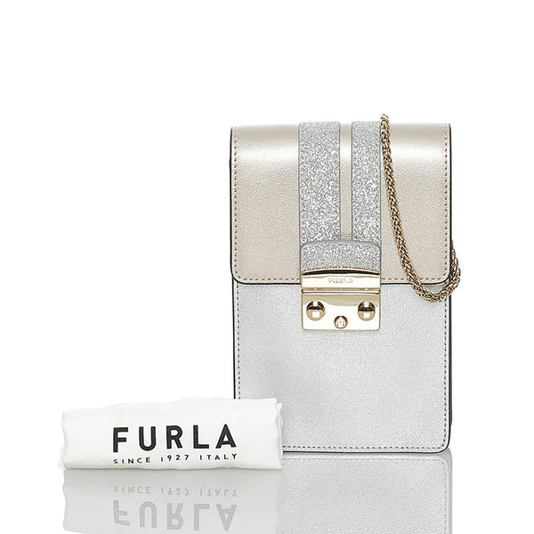 フルラ メトロポリス チェーン ミニ ショルダーバッグ スマートフォンバッグ シルバー ピンクゴールド レザー レディース Furla 【中古】