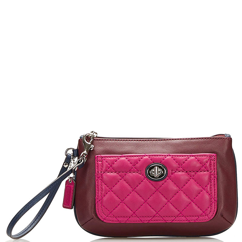 コーチ ポーチ ミニハンドバッグ ワインレッド ピンク レザー レディース COACH 【中古】