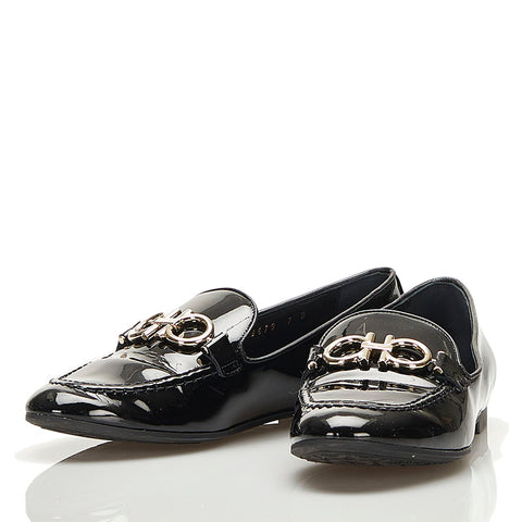サルヴァトーレフェラガモ ガンチーニ ローファー ブラック シルバー エナメル レディース Salvatore Ferragamo 【中古】