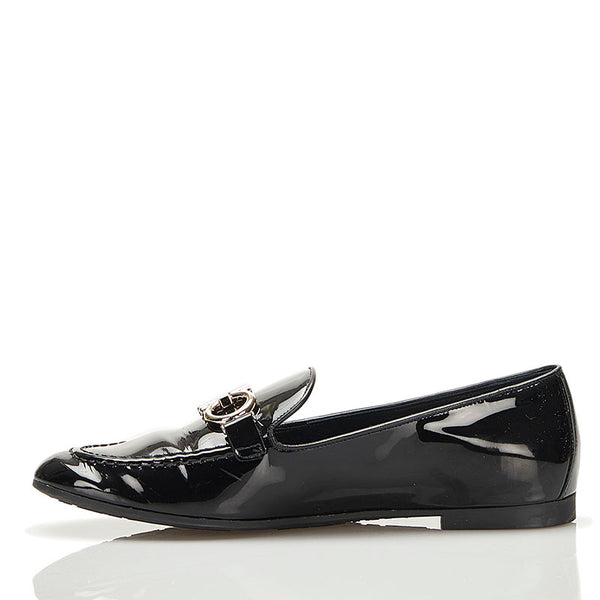 サルヴァトーレフェラガモ ガンチーニ ローファー ブラック シルバー エナメル レディース Salvatore Ferragamo 【中古】