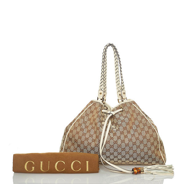 グッチ GGキャンバス タッセル トートバッグ ショルダーバッグ 170206 ベージュ ホワイト キャンバス レザー レディース GUCCI 【中古】