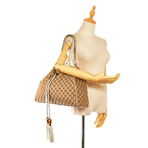 グッチ GGキャンバス タッセル トートバッグ ショルダーバッグ 170206 ベージュ ホワイト キャンバス レザー レディース GUCCI 【中古】