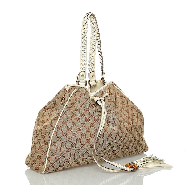 グッチ GGキャンバス タッセル トートバッグ ショルダーバッグ 170206 ベージュ ホワイト キャンバス レザー レディース GUCCI 【中古】