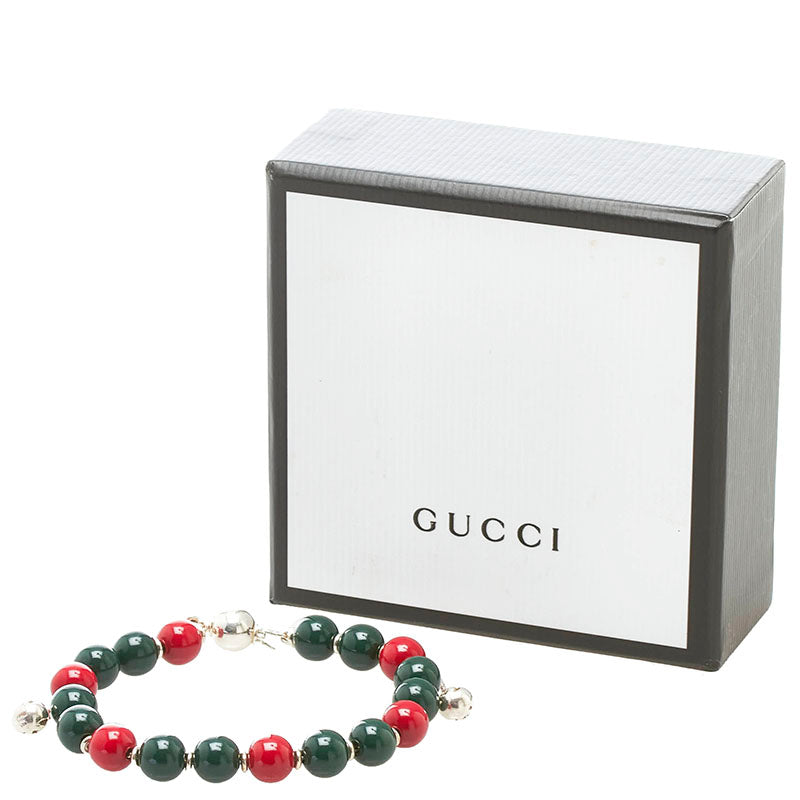 グッチ 数珠 ブレスレット グリーン レッド シルバー メタル レディース GUCCI 【中古】