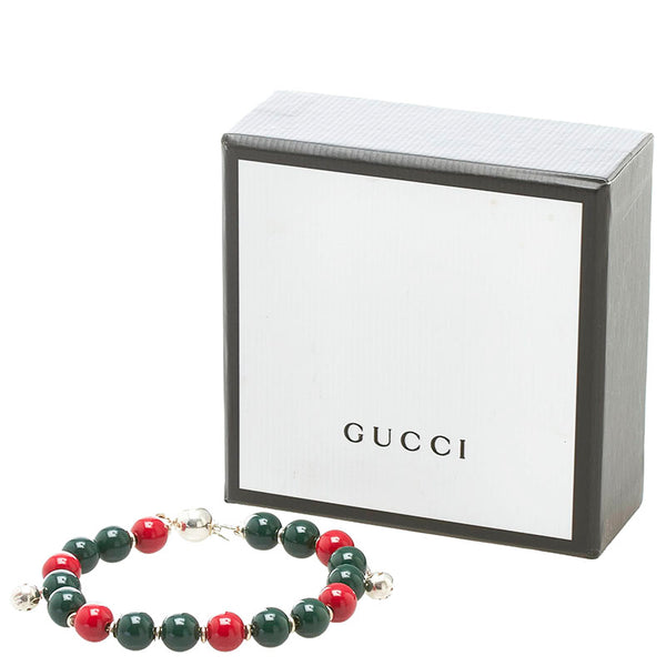 グッチ 数珠 ブレスレット グリーン レッド シルバー メタル レディース GUCCI 【中古】