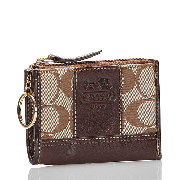 コーチ シグネチャー コインケース ブラウン ベージュ キャンバス レザー レディース COACH 【中古】